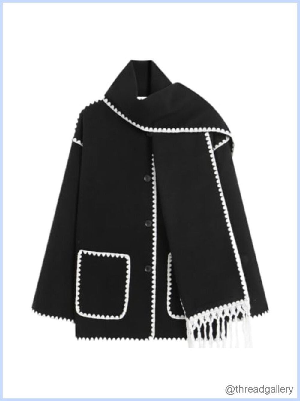 Women's Tassel Scarf Wool Coat Two-Piece Set Loose Button Open Front Casual